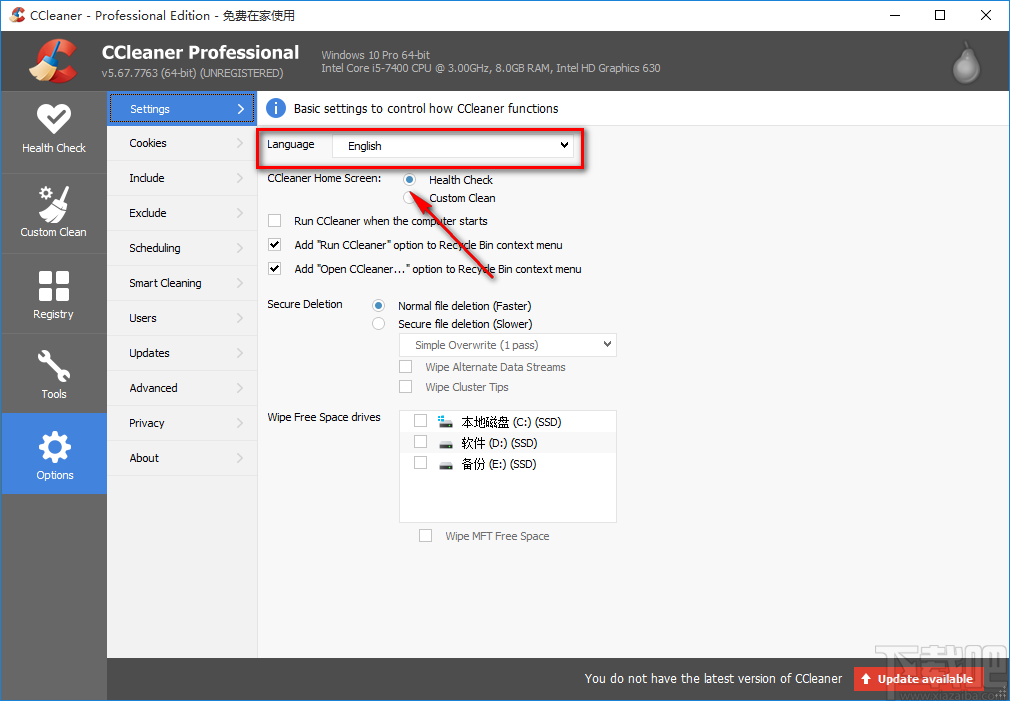 ccleaner设置中文界面的方法