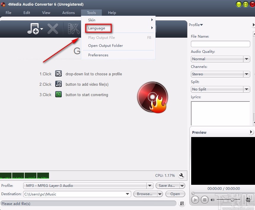 4Media Audio Converter设置中文的方法