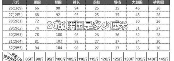 26的腰围是多少厘米